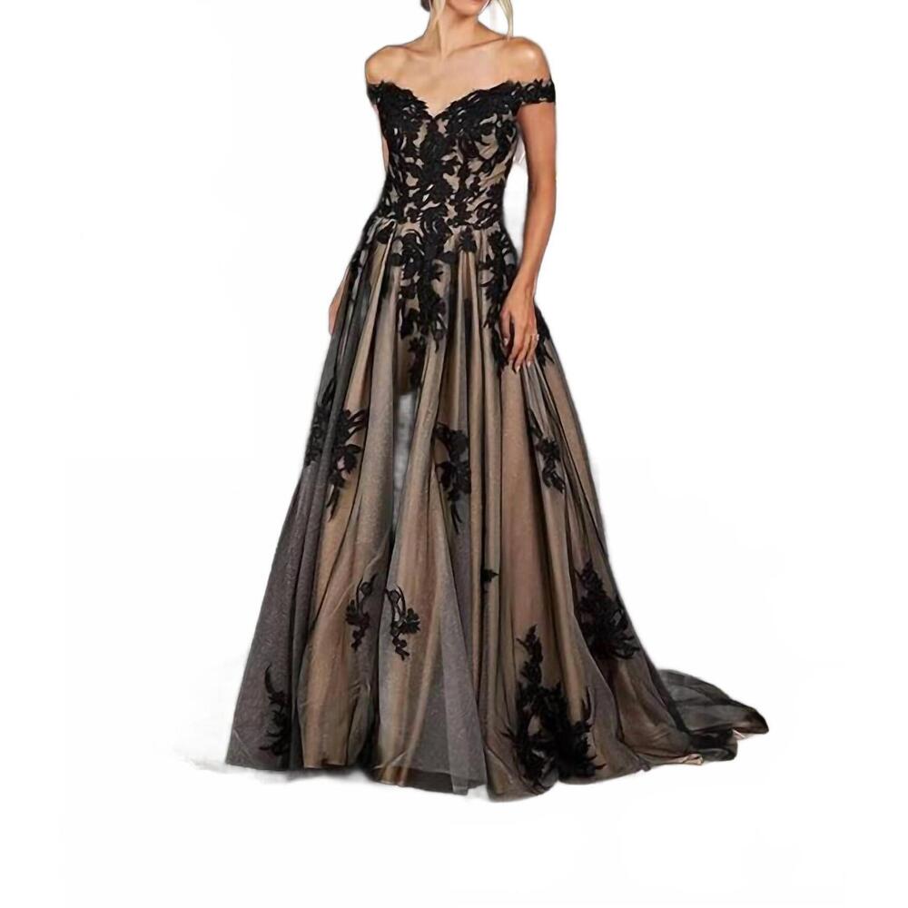 NEW CARRAFINA off shoulder bridal gown in black/gold
